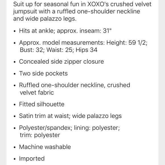 💫💥VELVET ONE SHOULDER RUFFLE JUMPSUIT💖💥💥 - Picture 5 of 5